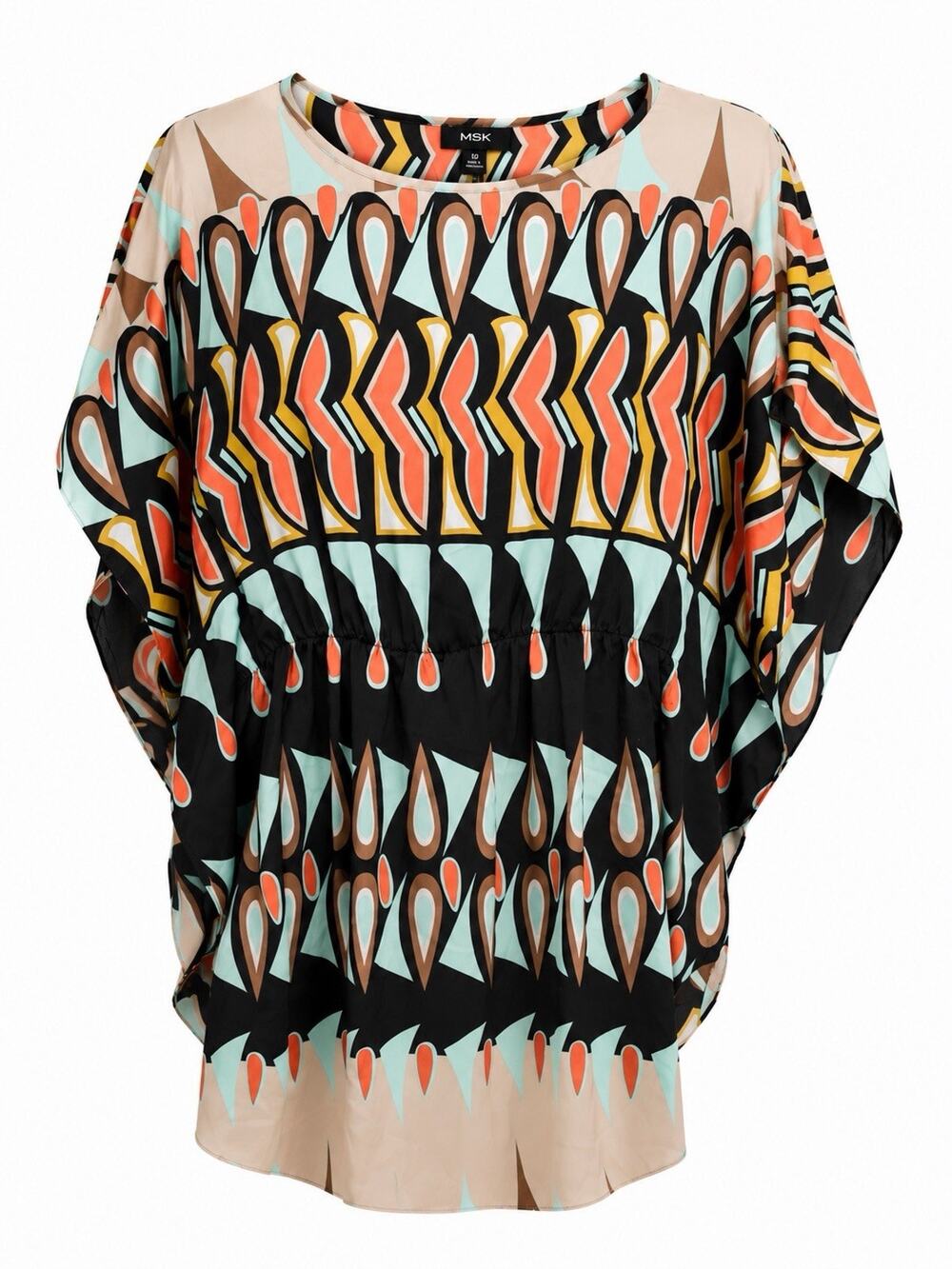 EUC MSK Womens 10 Silky Lightweight Caftan Short Dress/ Swim Coverup Geometric